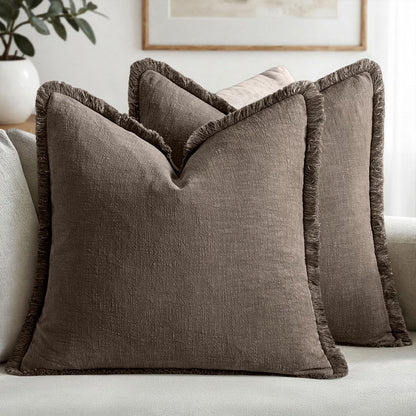 MIULEE Decorative Throw Pillow Covers Neutral Linen Fringe Throw Pillows Set of 2 Natural Beige Boho Farmhouse Cushion Covers with Tassels for Couch Sofa Bed Spring Home Decor 20x20 Inch