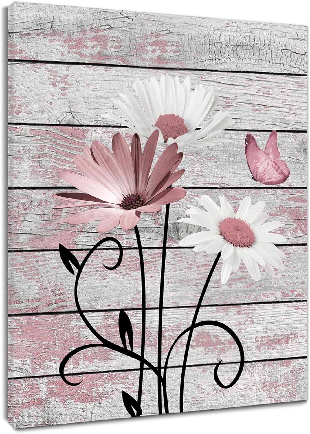 HVEST Farmhouse Floral Wall Art for Living Room, Blue and White Daisy Flower and Butterfly on Rustic Wood Board Canvas Wall Art Framed Artwork Ready to Hang for Bathroom Bedroom Decor, 16L X 12W