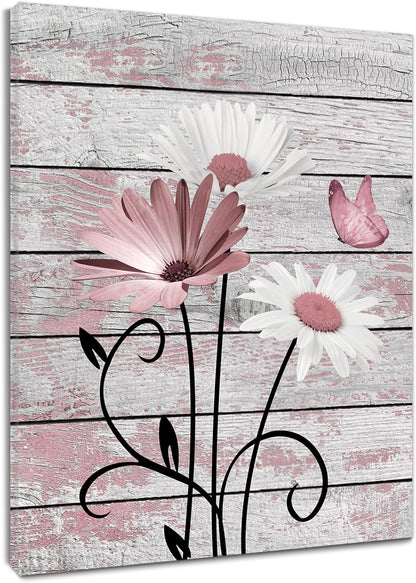 HVEST Farmhouse Floral Wall Art for Living Room, Blue and White Daisy Flower and Butterfly on Rustic Wood Board Canvas Wall Art Framed Artwork Ready to Hang for Bathroom Bedroom Decor, 16L X 12W