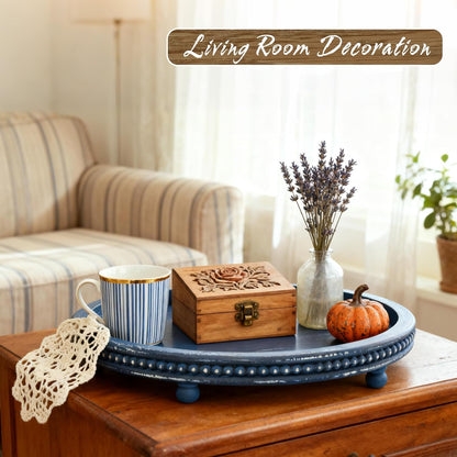 KULEDM Handmade Wooden Decorative Tray, Small Beaded Coffee Table Tray Decor, Sage Round Serving Tray for Coffee Table, Dining Room Table Entryway and Living Room Table