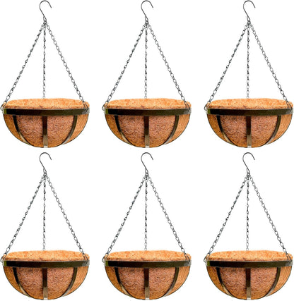 LaLaGreen Outdoor Hanging Baskets for Plants (12 Inch, 6 Pack) Medium Hanging Planter with Coco Liner, Flat Iron Metal Round Plant Flower Pots for Deck Patio Porch Garden Balcony Outside Decoration