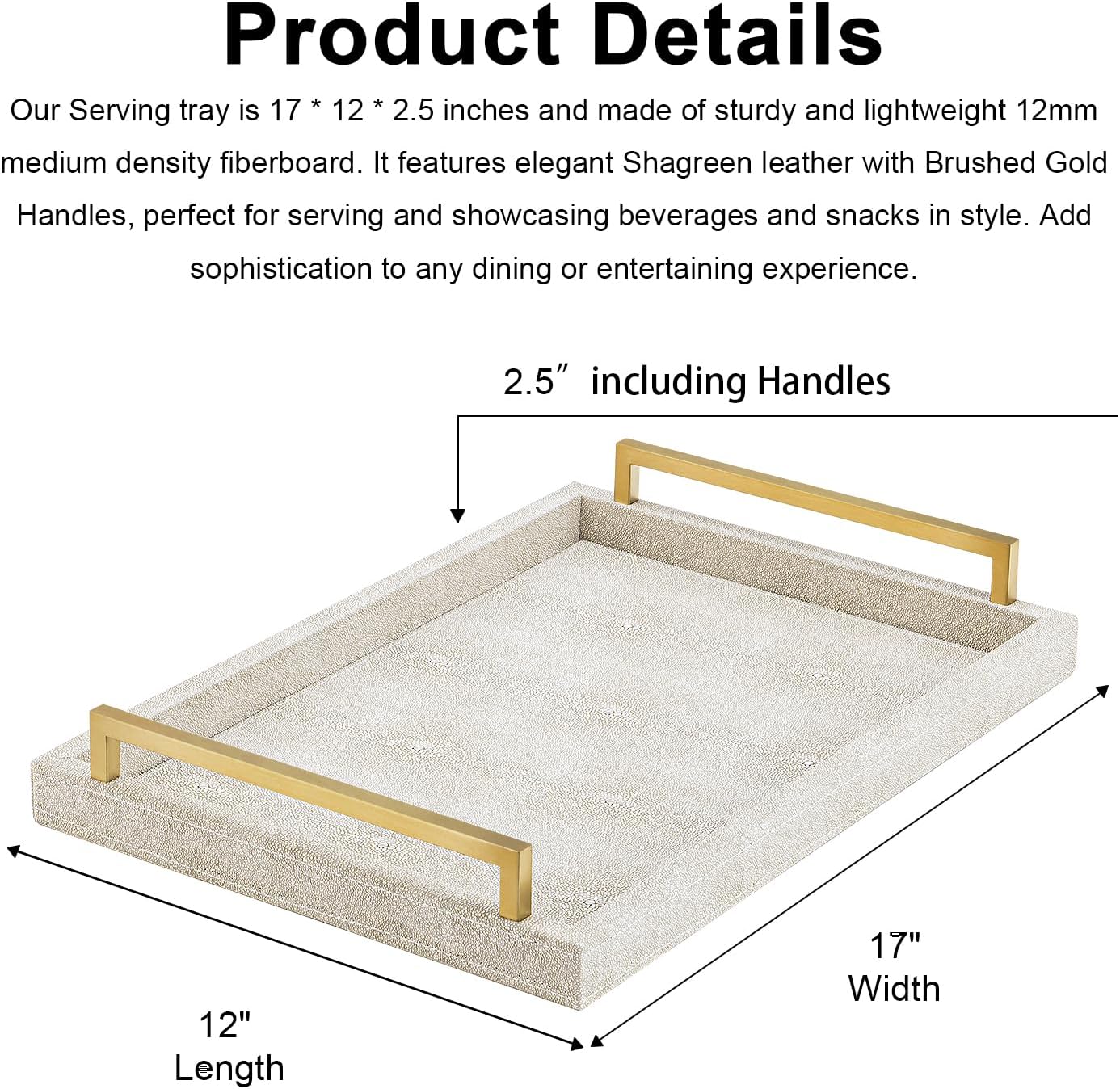 XIGEXIGE Ivory Shagreen Decorative Tray Large Rectangle Coffee Table Tray for Ottoman Faux Leather Serving Tray with Brushed Gold Handles