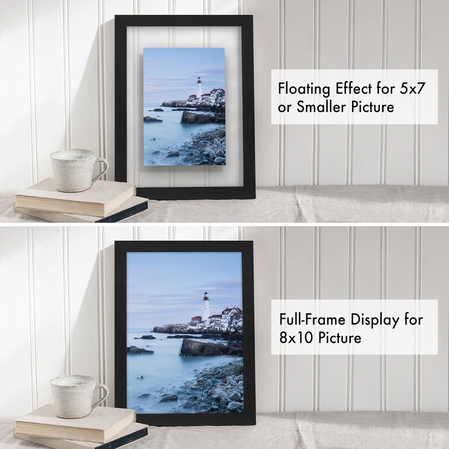 Americanflat 8.5x11 Floating Picture Frame with Polished Crystal-Clear Glass - Set of 2 - Use as 5x7 Frame or Display 4x6 Photo - Signature Float Collection - Photo Frames for Wall Display - Black