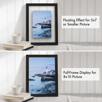 Americanflat 8.5x11 Floating Picture Frame with Polished Crystal-Clear Glass - Set of 2 - Use as 5x7 Frame or Display 4x6 Photo - Signature Float Collection - Photo Frames for Wall Display - Black