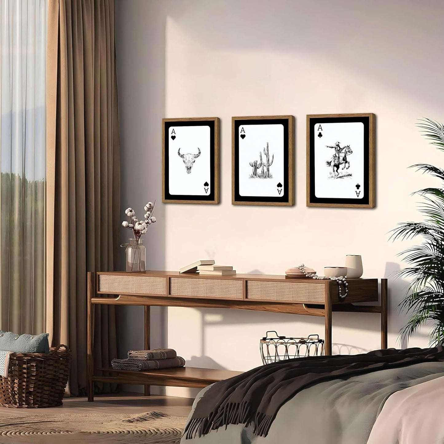 Western Wall Art Set of 3, Southwestern Cowboy Playing Card Wall Decor, Longhorn Bull Skull and How Lucky are We Poster Canvas Painting Prints for Bedroom Living Room 12x16 inch Wood Framed