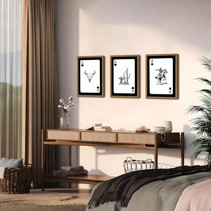 Western Wall Art Set of 3, Southwestern Cowboy Playing Card Wall Decor, Longhorn Bull Skull and How Lucky are We Poster Canvas Painting Prints for Bedroom Living Room 12x16 inch Wood Framed