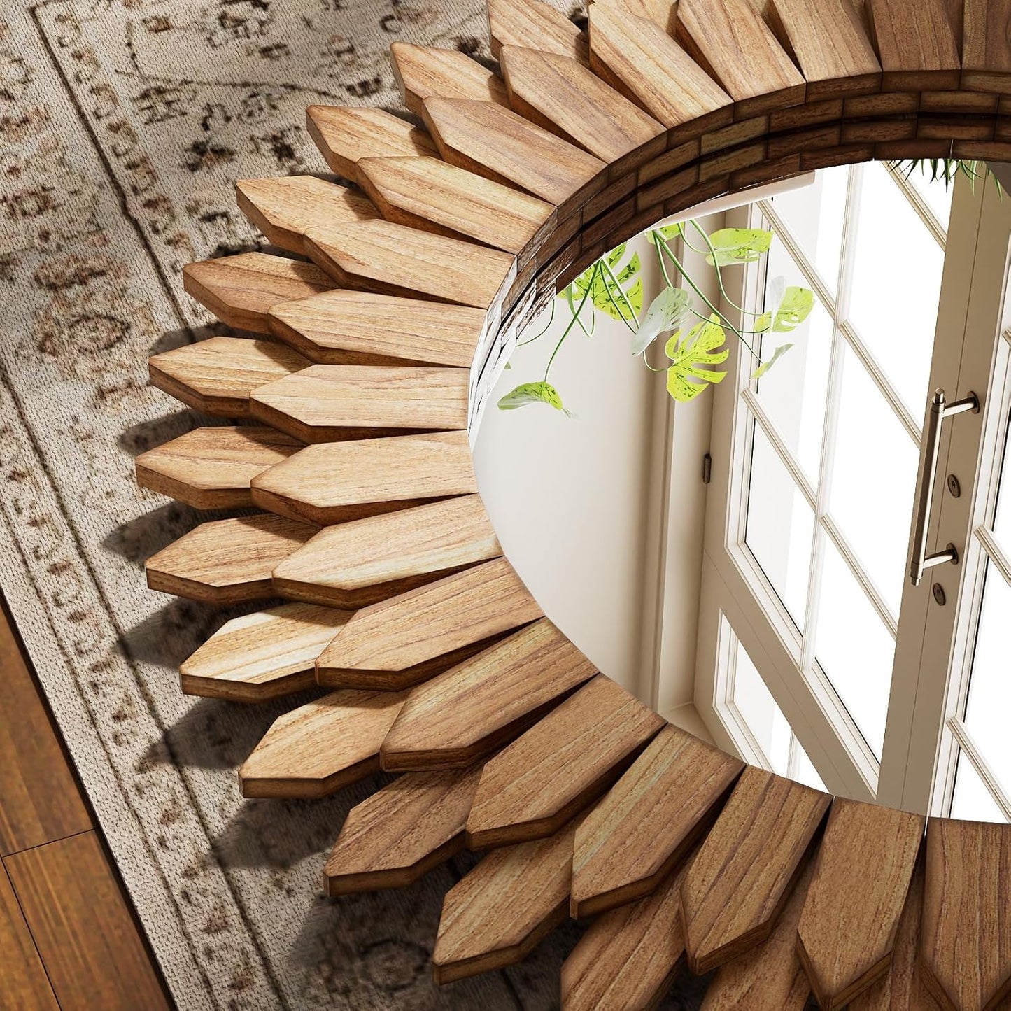 20 Inch Brown Boho Wall Decor Sunburst Mirror - Round Wooden Wall Decor, Handmade Rustic Circular Mirror for Living Room, Bedroom, Entryway, Office