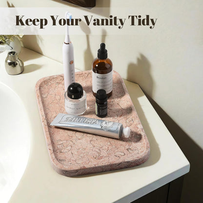 Koville Romano Travertine Tray, 12"x8" Natural Stone Vanity Tray for Countertop Bathroom Kitchen Dresser, Decorative Marble Catchall Trays for Perfume Jewelry, Rectangular Serving Tray(Beige)