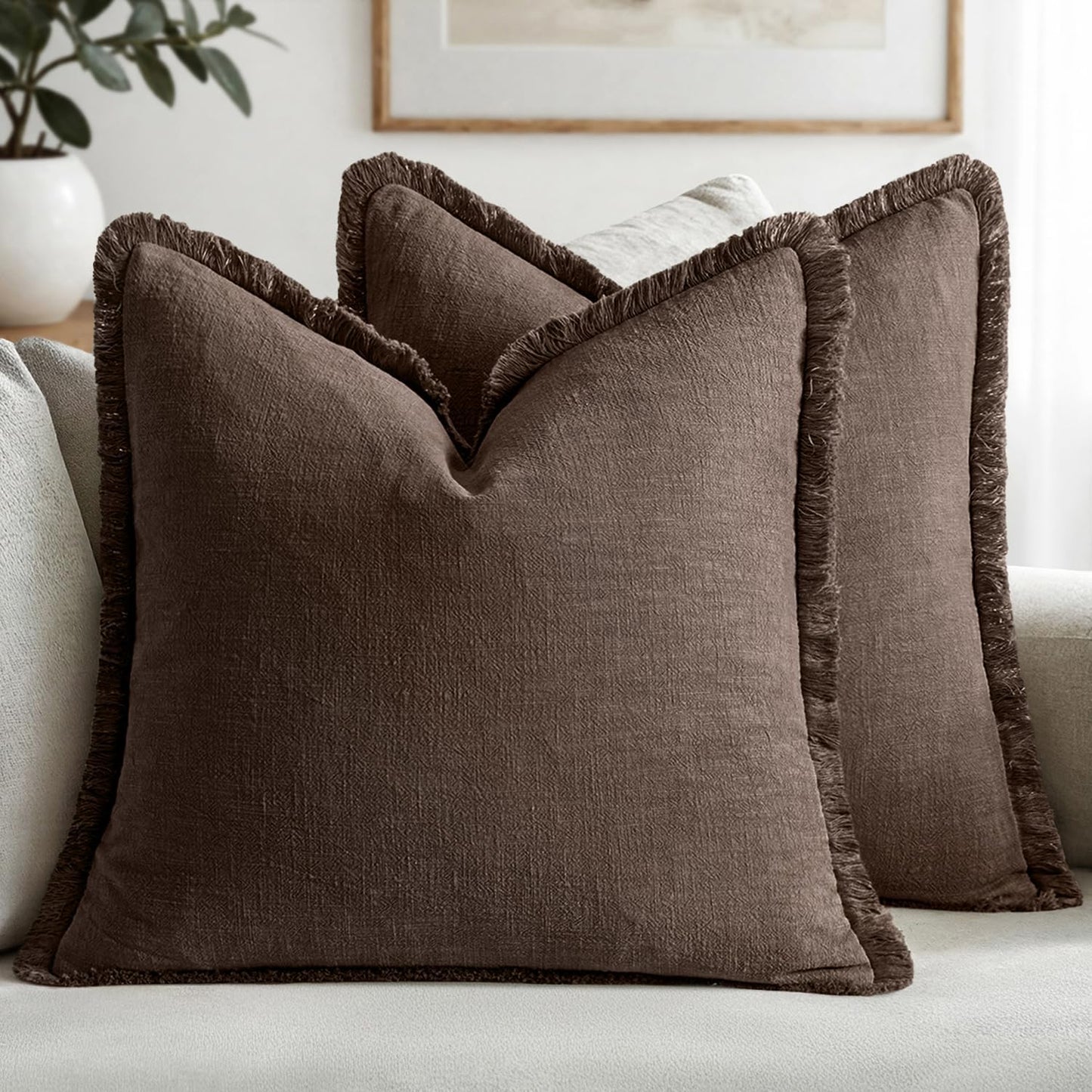 MIULEE Decorative Throw Pillow Covers Neutral Linen Fringe Throw Pillows Set of 2 Natural Beige Boho Farmhouse Cushion Covers with Tassels for Couch Sofa Bed Spring Home Decor 20x20 Inch