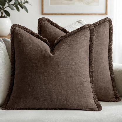 MIULEE Decorative Throw Pillow Covers Neutral Linen Fringe Throw Pillows Set of 2 Natural Beige Boho Farmhouse Cushion Covers with Tassels for Couch Sofa Bed Spring Home Decor 20x20 Inch