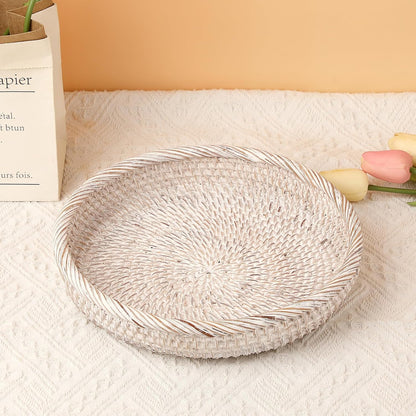 Hipiwe Small Key Basket Bowl for Entryway 7.6" Round Woven Wicker Basket Fruit Serving Tray Woven Basket Wall Decor Rattan Organizer Basket for Keys, Wallet,Whitewash