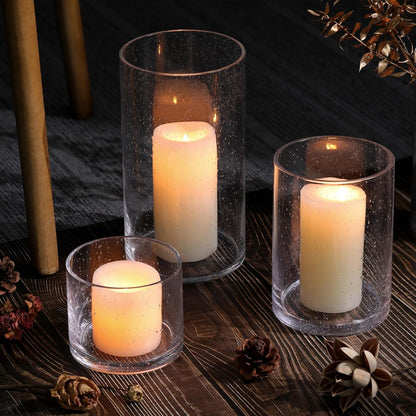 NITIME Hurricane Candle Holder Set of 3 Clear Candle Holders for Pillar Candles, Seeded Bubbles Glass Candle Holder for table centerpiece, Glass Cylinder Vases for Home, Patio and Wedding 8"4.7"3.5"H