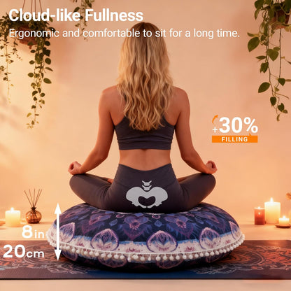 Meditation Cushion Set of 2, 32 Inch Extra Thick Memory Foam Round Floor Pillow with Removable Washable Cover, Bohemian Mandala Yoga Cushion for Adults - Ideal Holiday Decor, Brown