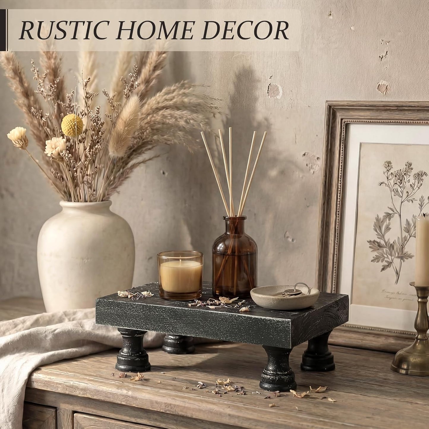 EOSAHR Farmhouse Riser for Room Decor : Decorative Pedestal Stand For Display Your Home Decorations and Uniquely Soap Stand - Rustic Bathroom Counter Tray and Kitchen Decor (Natural Wood)