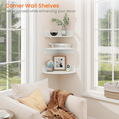 Homode Corner Shelf Wall Mount, Set of 3 Floating Corner Shelves with Cord Hole, 3 Tier Wood Wall Display Shelf, Storage for Bathroom Living Room Kitchen Bedroom, Rustic Brown and Black