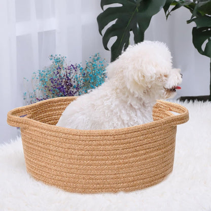 ABenkle Small Basket with Handles, Boho Decorative Rope Woven Dog Cat Toy Storage Bin Shelf Storage Organizer, Easter Christmas Gift Basket, 12"x8"x5", White