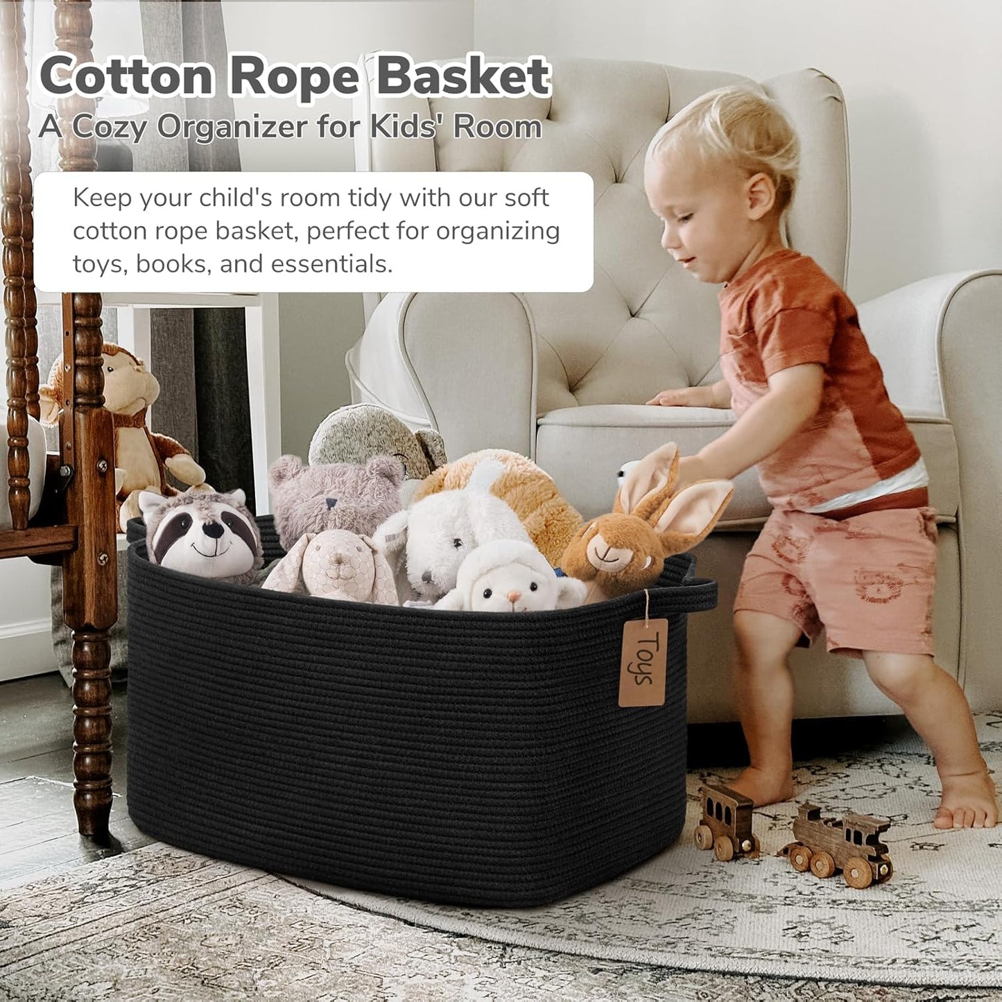 Goodpick Woven Storage Basket, Cotton Rope Basket for Dog Toys, Books, Stylish Gift Basket with Handles, 13 x 10 x 9 Inches Square Baskets for Organizing, Brown and White