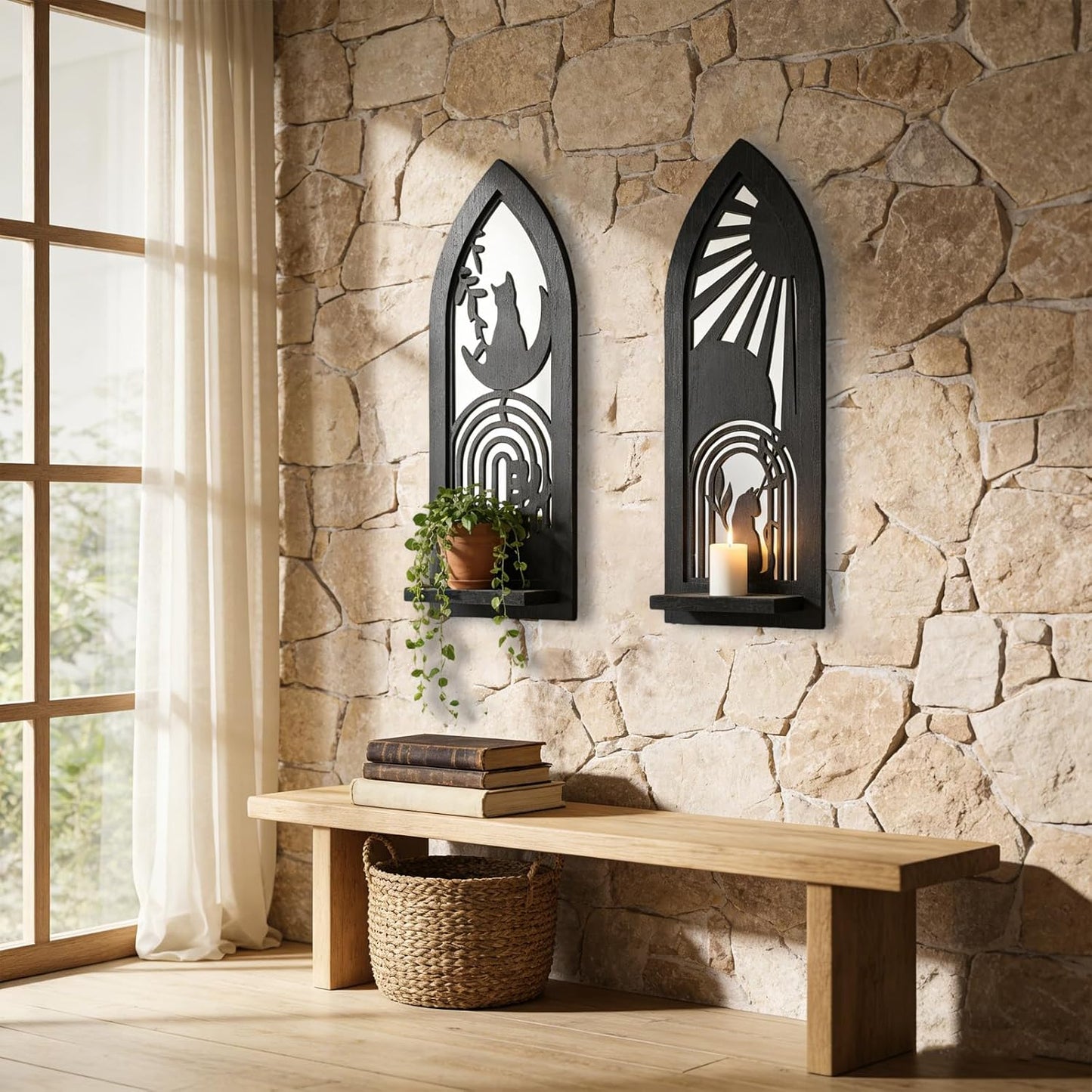 Wood Wall Sconce Candle Holder Set 2, Rustic Wall-Mount Candle Holders, Farmhouse Hanging Wall Décor, Carved Wood Frame, Mirrored Candle Holder (Distressed White)