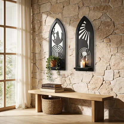 Wood Wall Sconce Candle Holder Set 2, Rustic Wall-Mount Candle Holders, Farmhouse Hanging Wall Décor, Carved Wood Frame, Mirrored Candle Holder (Distressed White)