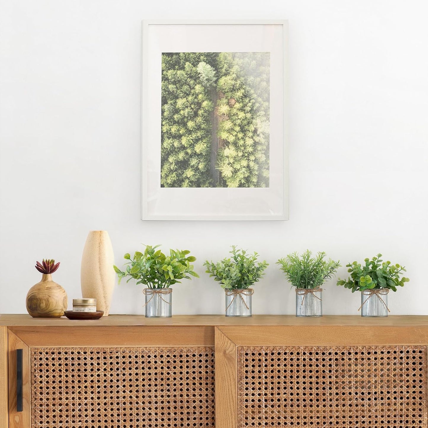 Mkono 4 Packs Small Fake Plants in Farmhouse Galvanized Pots Table Centerpiece Mini Potted Artificial Plants Faux Eucalyptus for Shelf Office Rustic Home Decor (White, Mini-6" H)