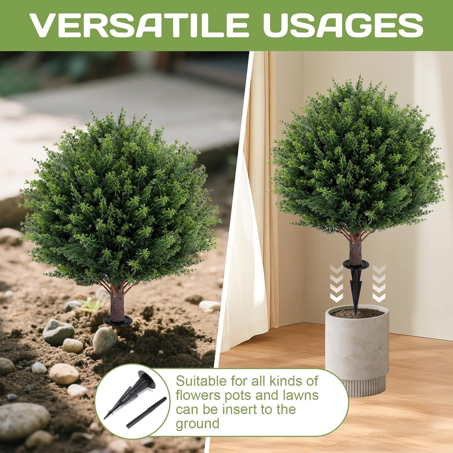 Artificial Red Eucalyptus Topiary Ball Tree 24" with Ground Spike, Set of 2 Artificial Boxwood Bushes for Faux Shrubs, Fake Evergreen Faux Plant for Indoor Outdoor Garden -UV Resistant–Fade-Proof