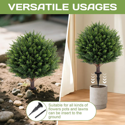 Artificial Red Eucalyptus Topiary Ball Tree 24" with Ground Spike, Set of 2 Artificial Boxwood Bushes for Faux Shrubs, Fake Evergreen Faux Plant for Indoor Outdoor Garden -UV Resistant–Fade-Proof