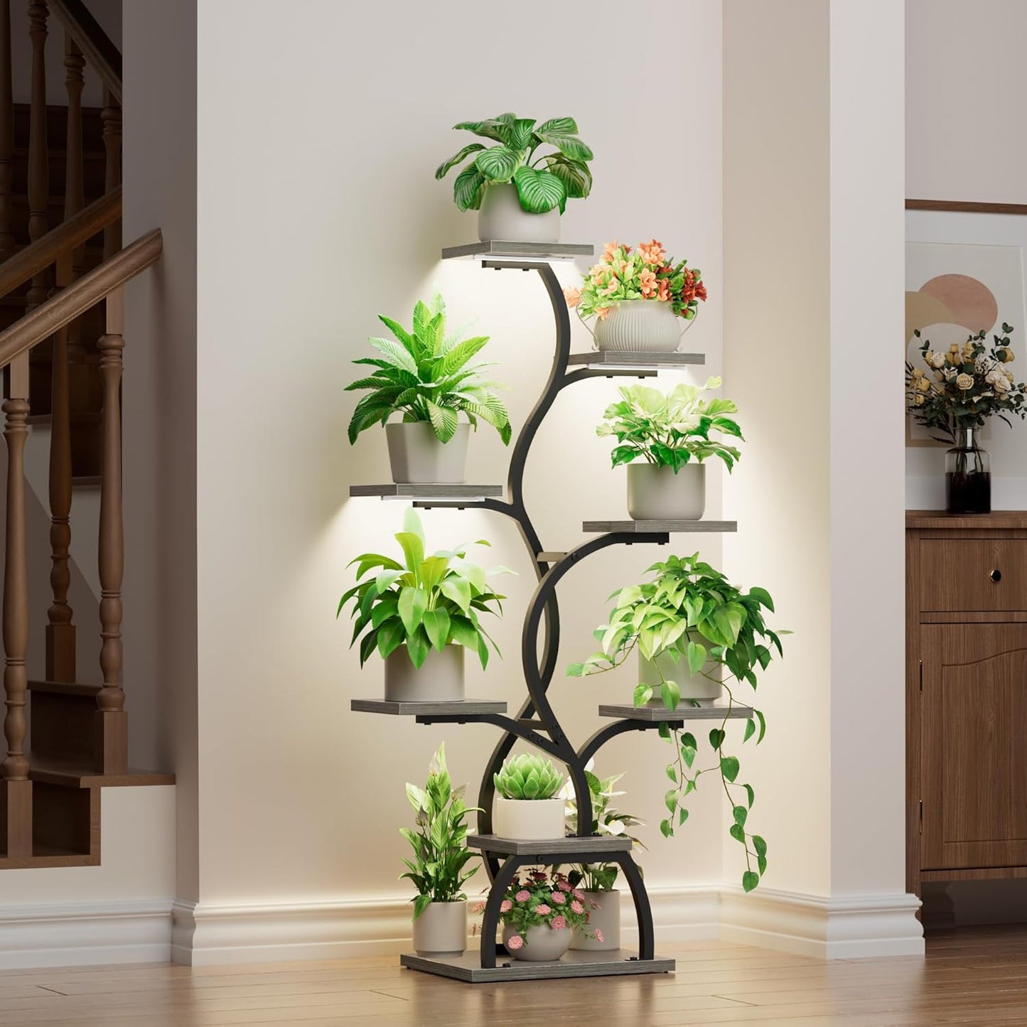 EVAWOO Plant Stand Indoor with Grow Light - 8 Tiered Plant Shelf Indoor, Corner Plant Stand, 49" Tall Plant Shelf with Lights for Indoor Growing, Lighted Flower Holder for Living Room, Balcony, Black