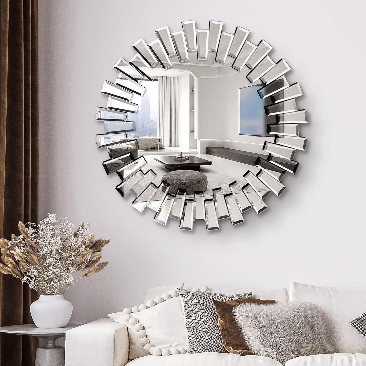 QDSSDECO Round Mirror Sunburst Wall Mirror 24" Beveled Edge Frameless for Living Room Bathroom Bedroom Entryway Decor