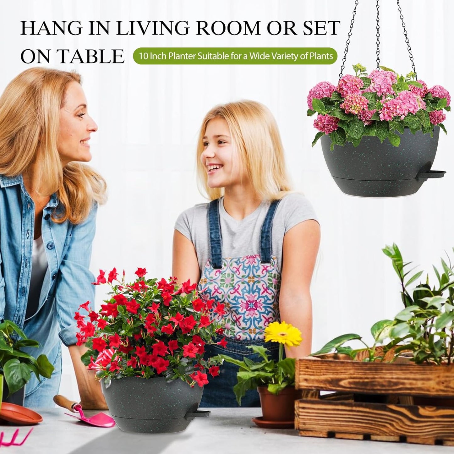 12 Inch Hanging Baskets 2 PC with Chains, Self-Watering Hanging Planters for Indoor Outdoor Plants, Plastic Hanging Flower Pots,Black