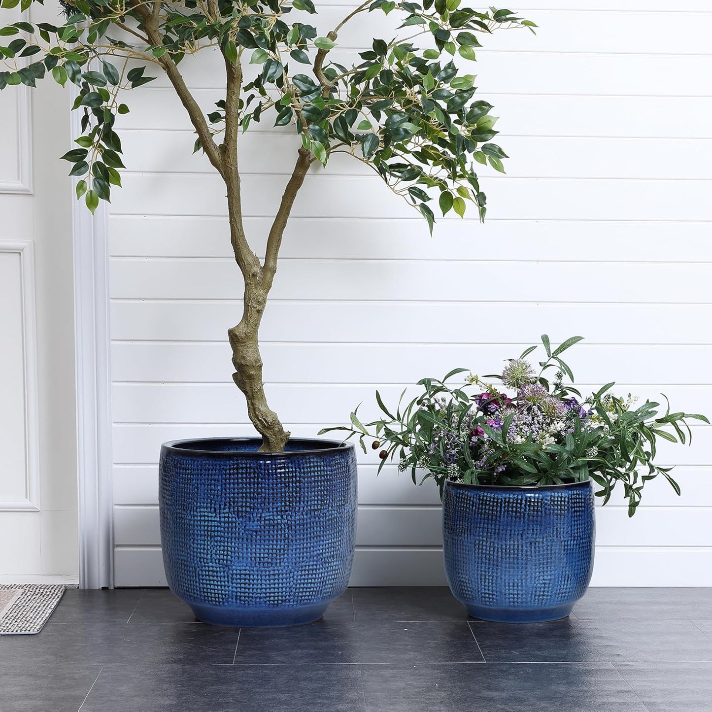 LuxenHome 15.75" Dia Large Ceramic Pots for Plants, Blue Glazed Planters for Outdoor Plants, Round Indoor Flower Pots with Drainage Hole and Rubber Plug for Home Garden Patio