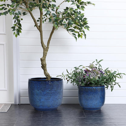 LuxenHome 15.75" Dia Large Ceramic Pots for Plants, Blue Glazed Planters for Outdoor Plants, Round Indoor Flower Pots with Drainage Hole and Rubber Plug for Home Garden Patio