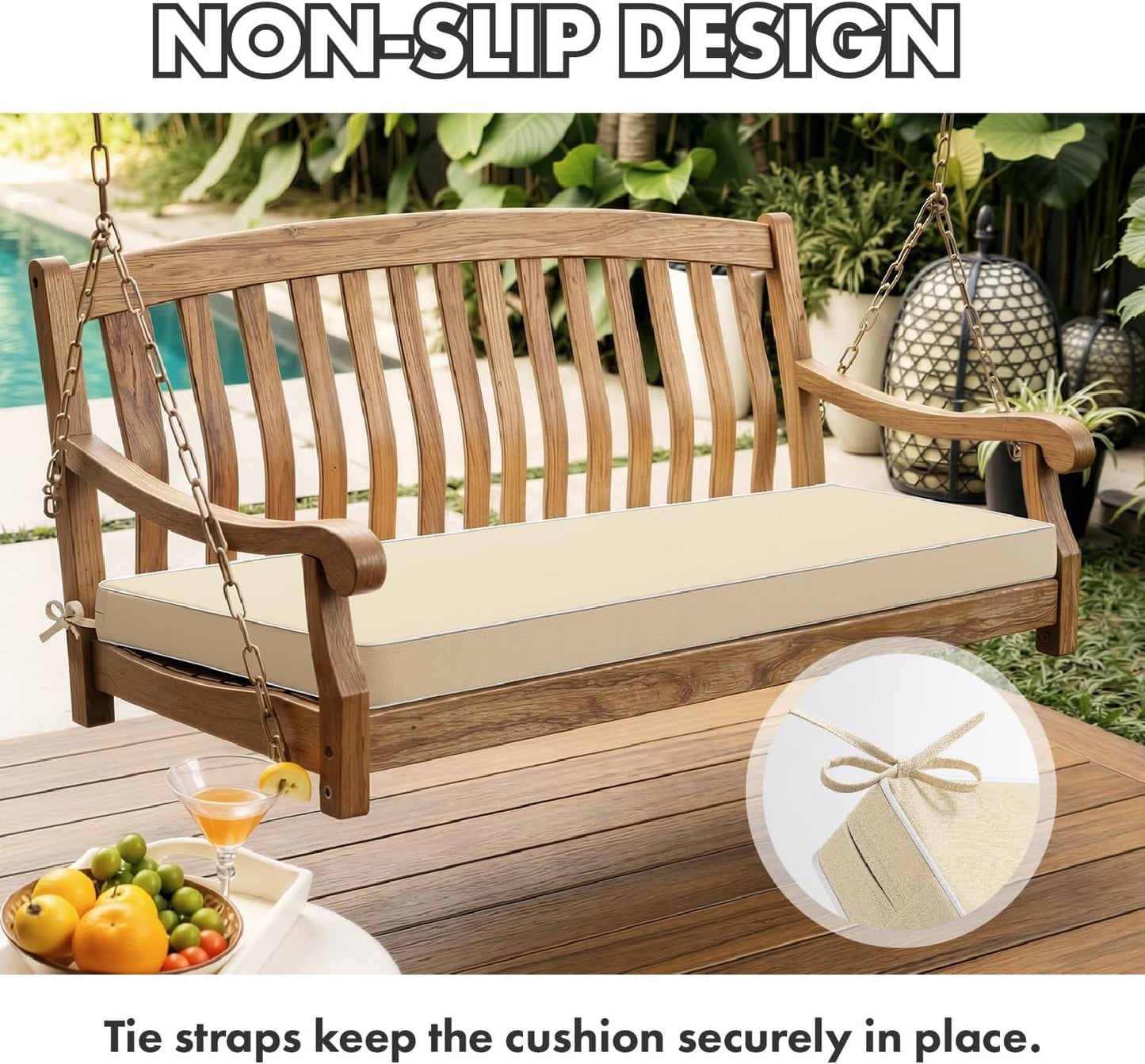 MIULEE Black Outdoor Bench Cushion 48x18x3 Inch Waterproof 3-Year Color Fastness Patio Furniture Cushions for Porch Swing, Garden Bench Sofa Couch with Adjustable Ties No Slip Design