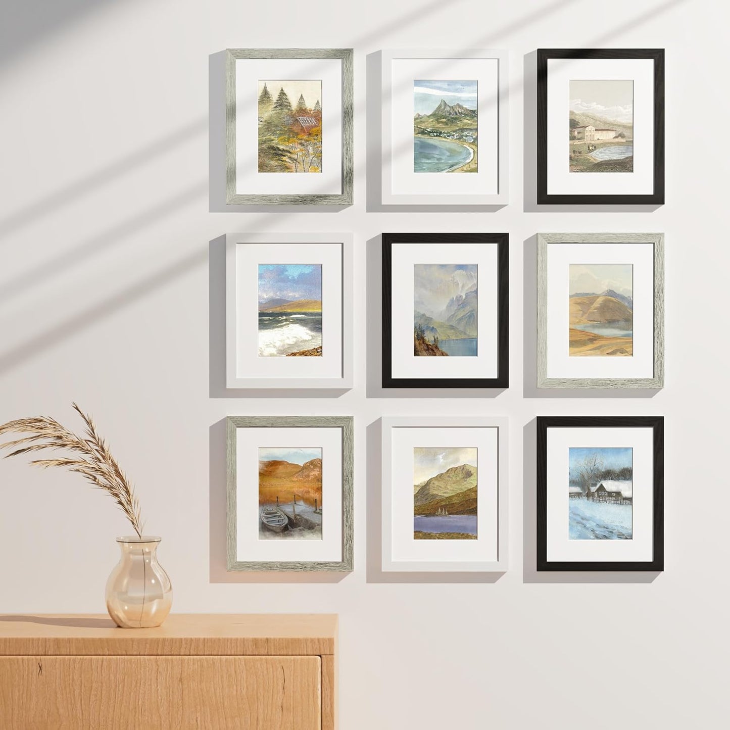 Vittanly 8x10 Picture Frames Set of 9, Shatter Resistant Plexiglass, Display 5x7 Pictures with Mat or 8x10 without Mat, Photo Frames for Wall or Tabletop, Engineered Wood, Black - Colors B
