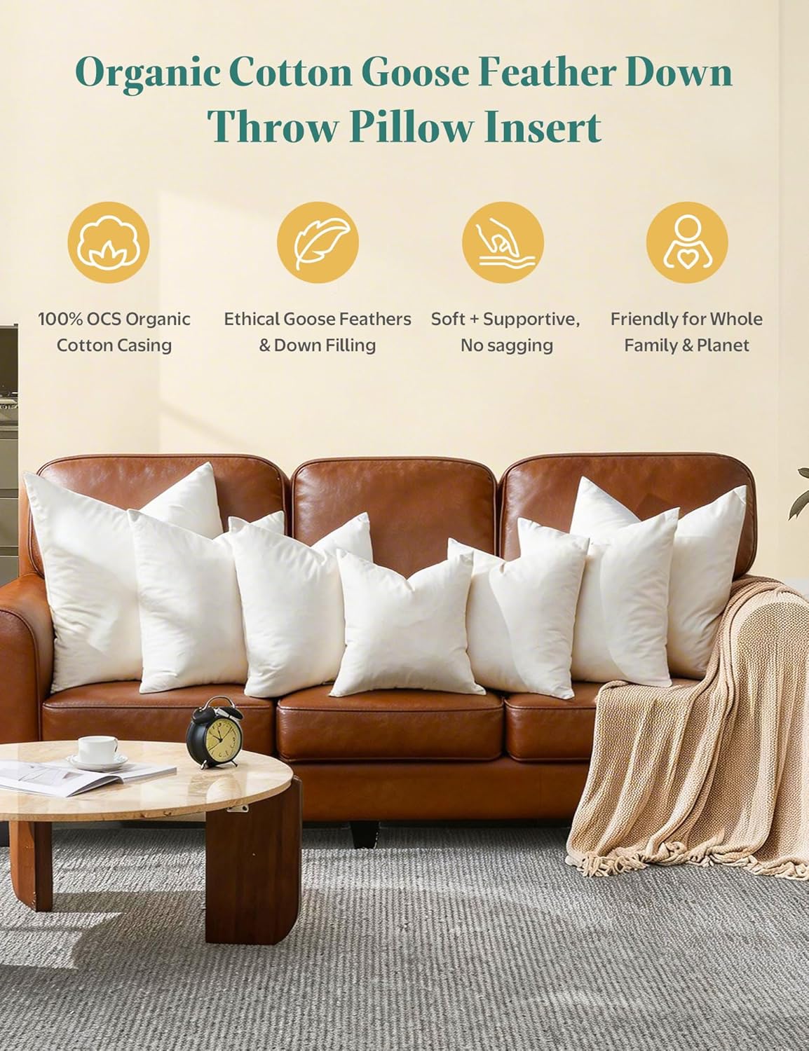 APSMILE Organic Cotton Goose Feather Down Plus Throw Pillow Inserts, 18x18 Inch Set of 2, Soft Supportive Square Decorative Pillow Forms for Couch, Sofa, Bed