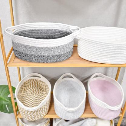 ABenkle Small Basket with Handles, Boho Decorative Rope Woven Dog Cat Toy Storage Bin Shelf Storage Organizer, Easter Christmas Gift Basket, 12"x8"x5", White