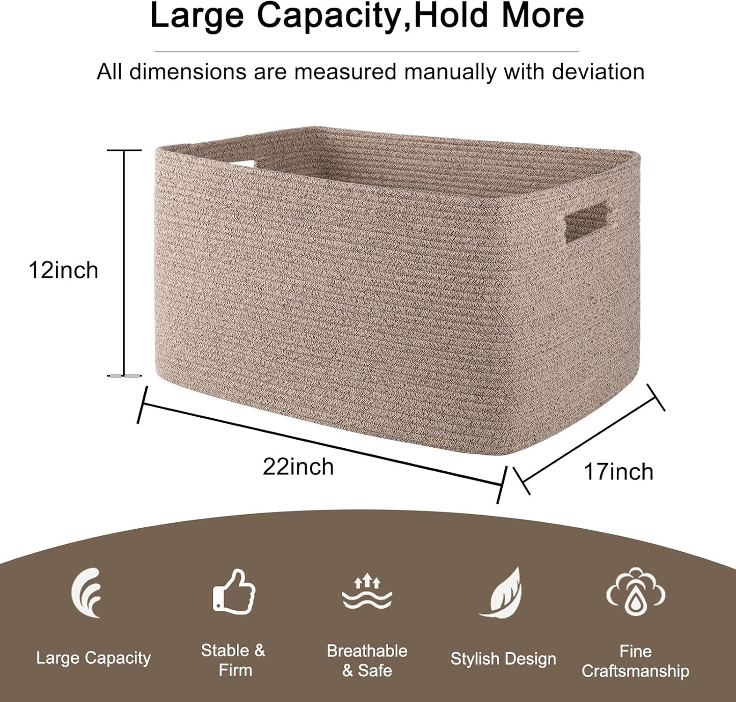 OIAHOMY 75L Large Woven Cotton Rope Storage Basket with Handle for Organizing Blanket and Toys for Living Room, Nursery, Brown Variegated 22”x17”x12”