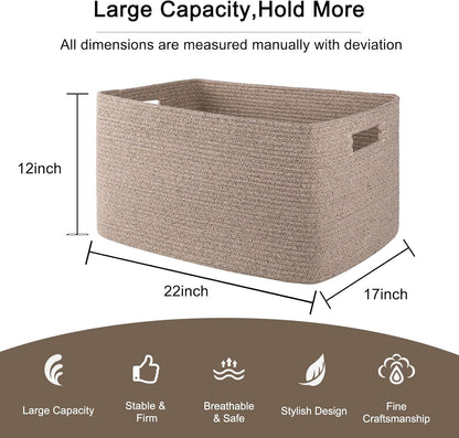 OIAHOMY 75L Large Woven Cotton Rope Storage Basket with Handle for Organizing Blanket and Toys for Living Room, Nursery, Brown Variegated 22”x17”x12”