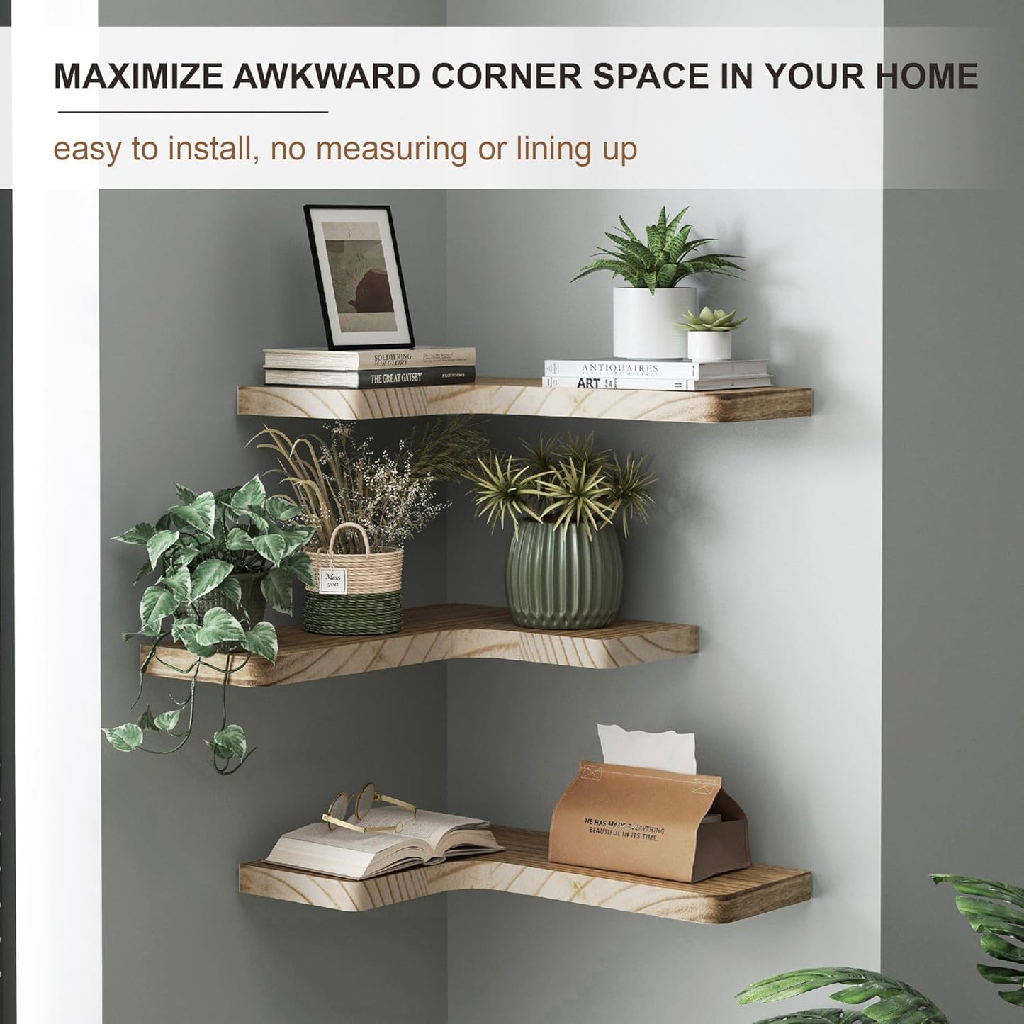fuqing Floating Corner Shelves, Wall Shelf Set of 3, Shelves for Wall Storage, Solid Wood Shelves for Storage, Wall Mount Wooden Display Shelf for Bathroom Bedroom Kitchen Garage, Rustic Brown