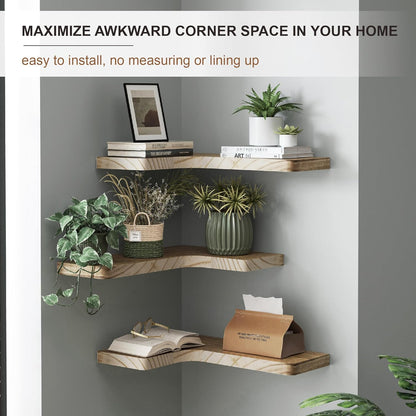 fuqing Floating Corner Shelves, Wall Shelf Set of 3, Shelves for Wall Storage, Solid Wood Shelves for Storage, Wall Mount Wooden Display Shelf for Bathroom Bedroom Kitchen Garage, Rustic Brown