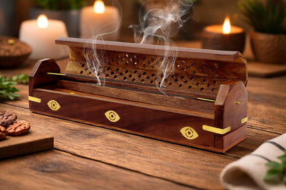 Sheesham Wood Incense Burner - Handmade Coffin Style Sun and Moon Inlay Incense Holder - Aromatherapy Room Freshener Cone Incense Stick Burner Ash Catcher - Zen Home Gift - 12x2x2 - COTTON CRAFT