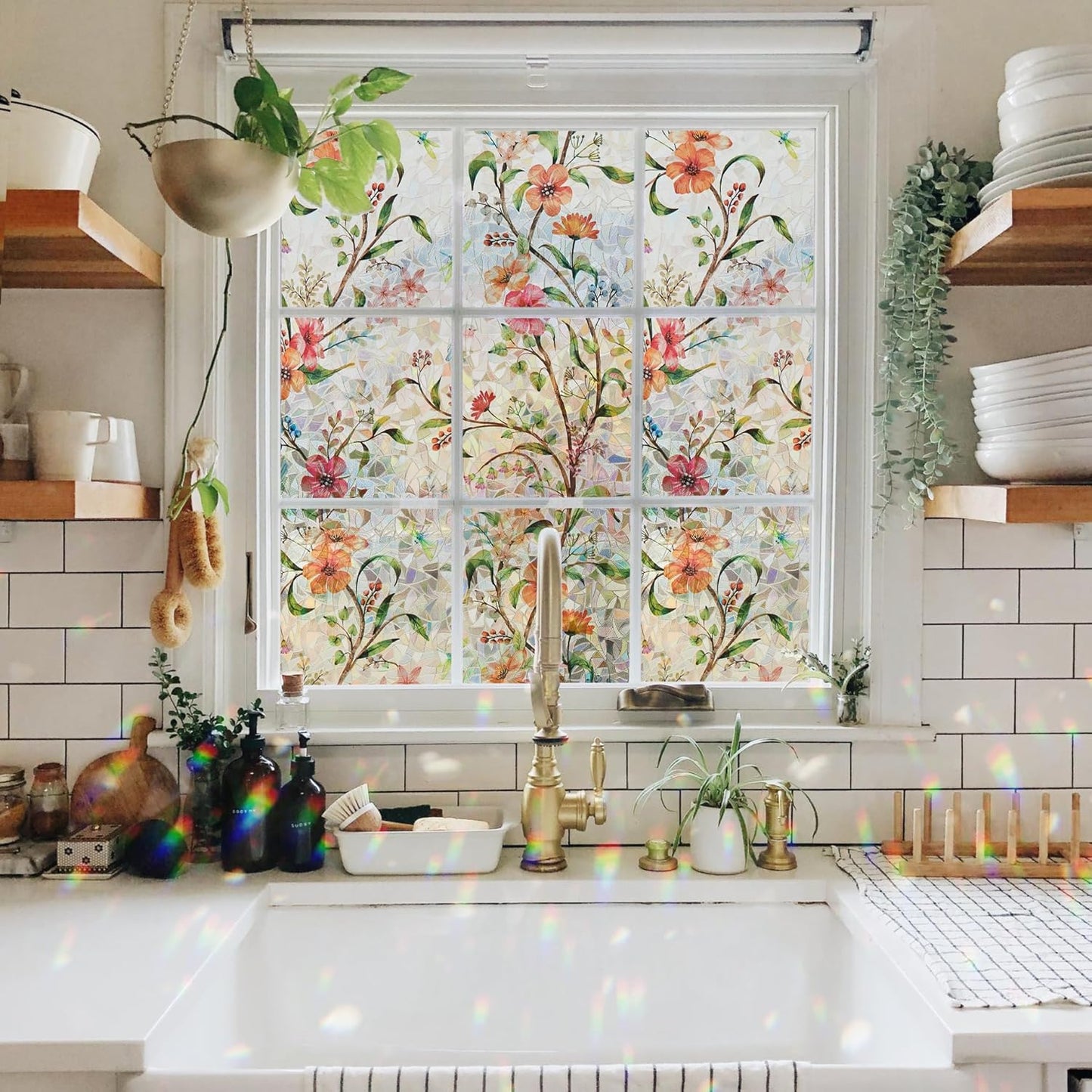 Ranzdn Window Privacy Film - Stained Glass Window Film Static Cling UV & Heat Blocking Rainbow Window Film for Glass Doors, Bedroom Windows - No Glue Premium Vinyl (Easy Install, 17.5"×78.7")