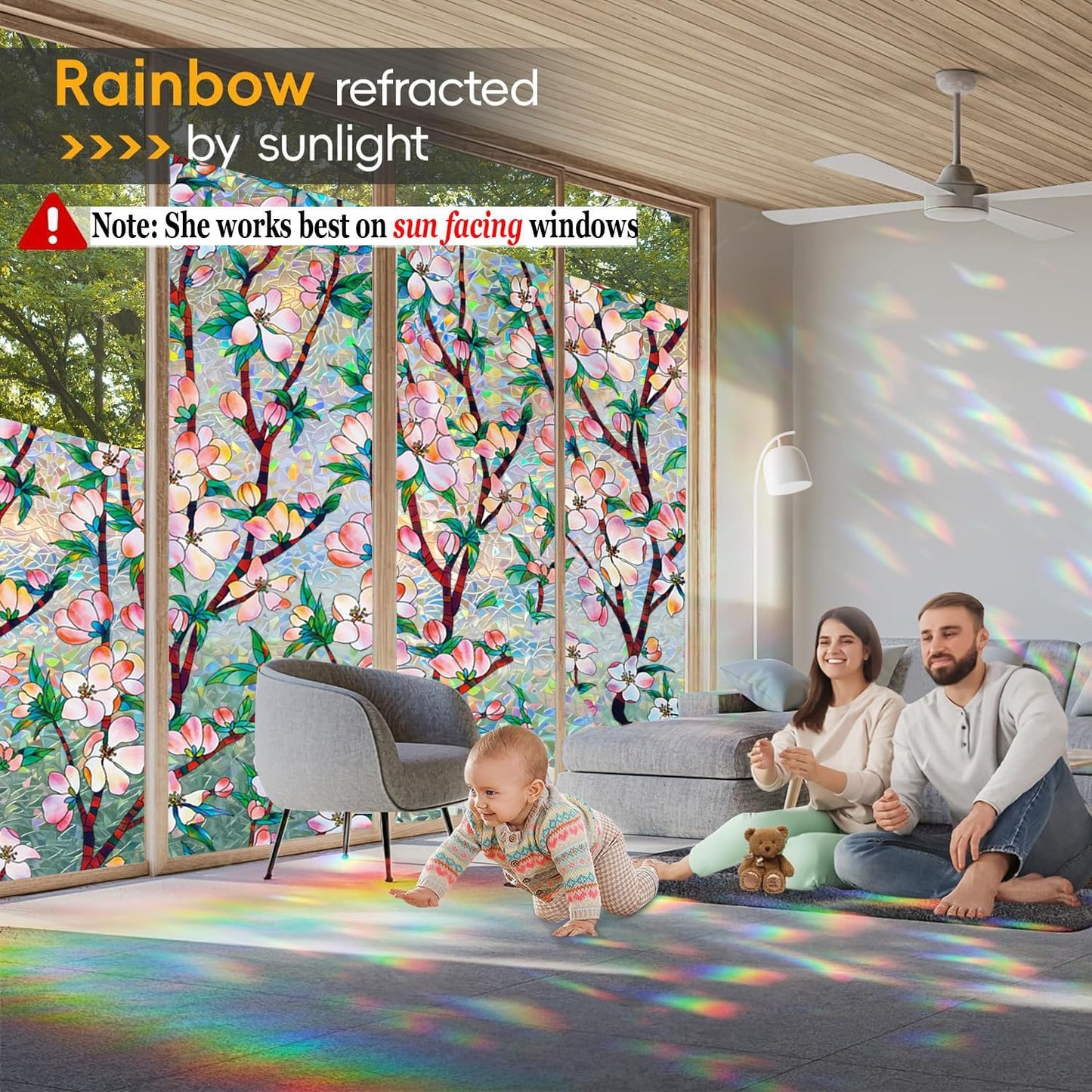 Dwersty Rainbow Window Privacy Film with Cutting Reference Line, 3D Decals Stained Glass Clings, Static Cling Sticker, Suncatcher Windows Cover Tint for Home, 17.5 Inch x 78.74 Inch