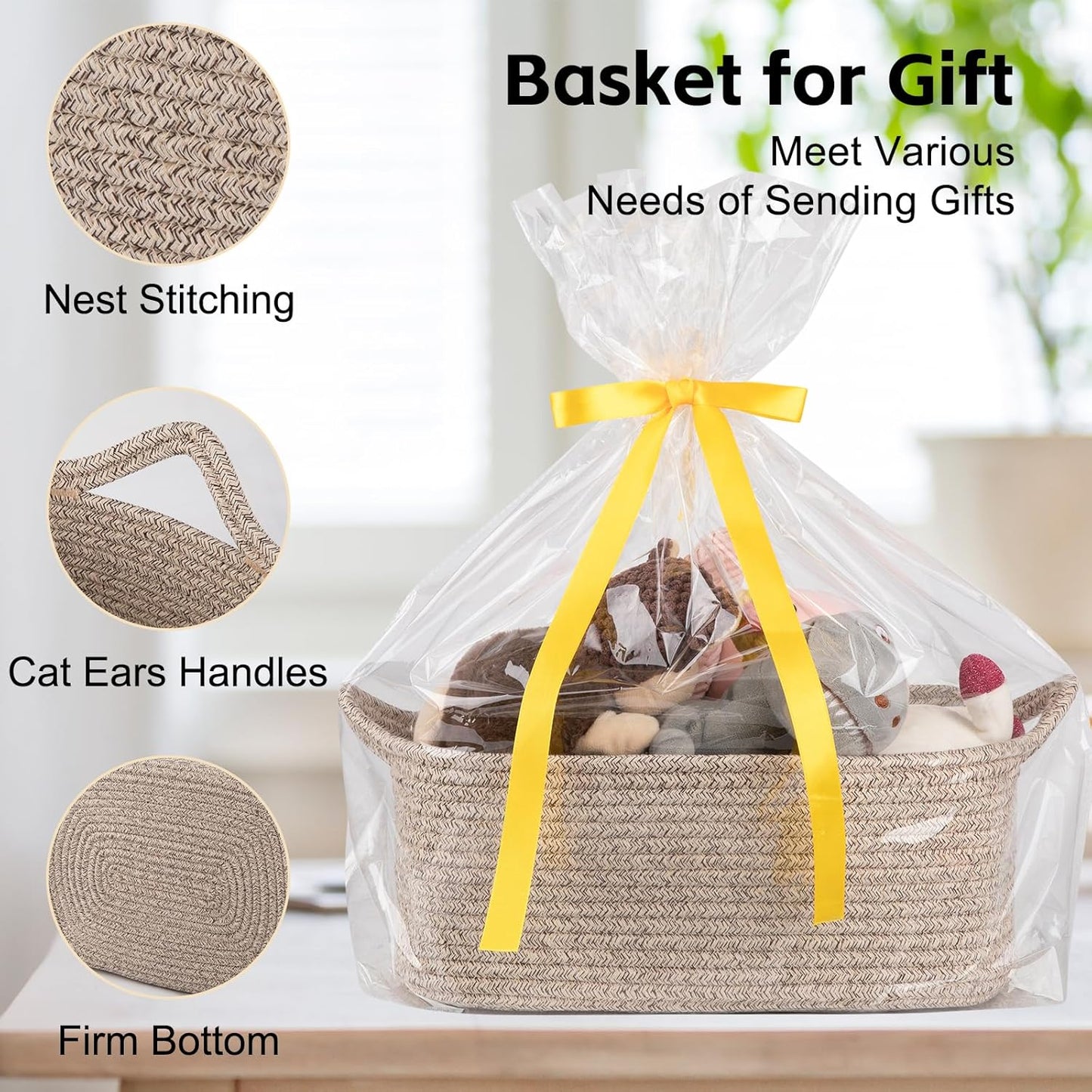 OIAHOMY Woven Basket, Gift Basket Empty with Gift Bags and Ribbons, Rope Baskets for Baby Showers, Storage Baskets with Handles for Nursery, Pet Toy Organizer - White