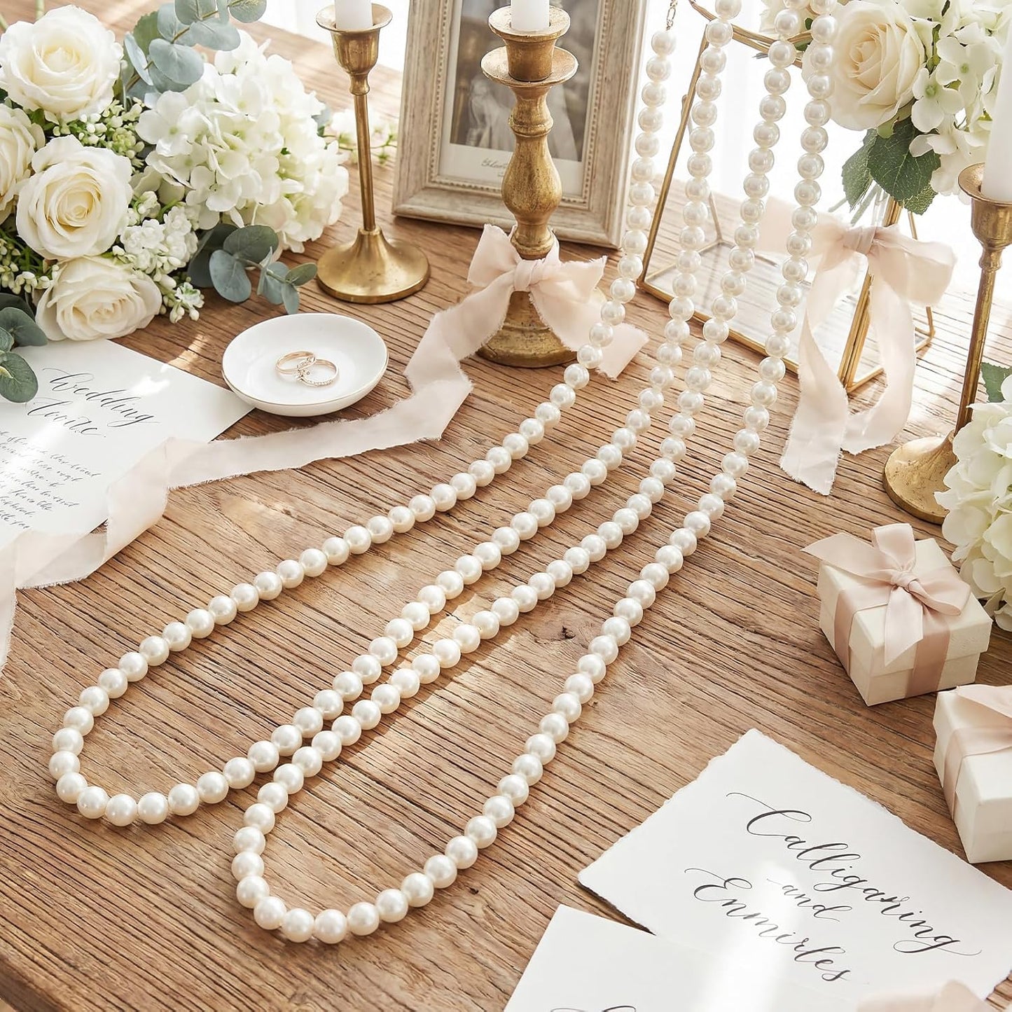 Canlierr 2 Pcs 5.6ft Wedding Giant Pearl Garland Decorations Large Faux Bead Garland with Hook for Ceremony Photo Booth Outdoor Proposal Scene Garden Beach Party Decor(Ivory White,25mm,Simple)