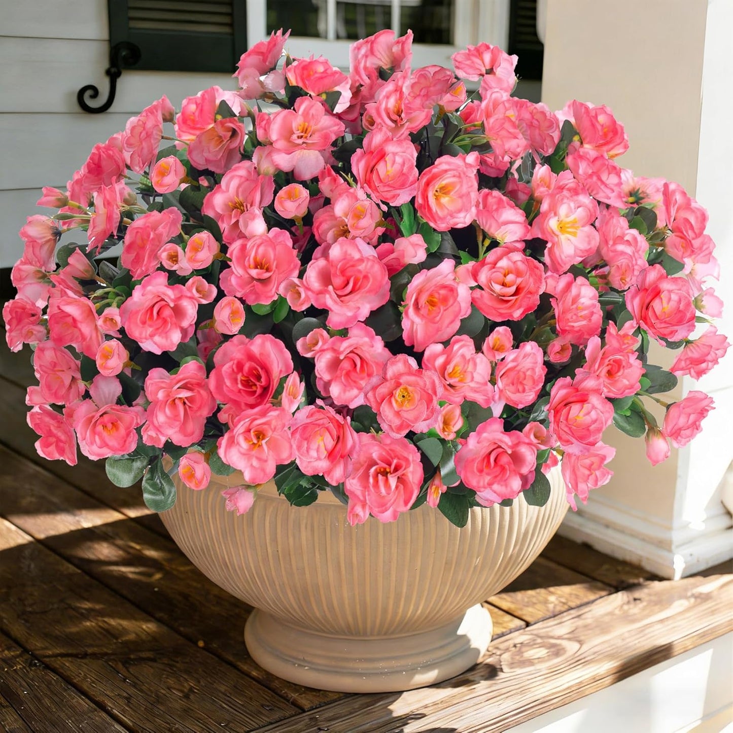 Ivydale Artificial Fake Flowers Plants for Outdoor Outside Spring Decor, Faux Silk Yellow Camellia UV Resistant Look Real for Planter Pot Porch Patio Balcony Garden Yard, 3 Large Bundles