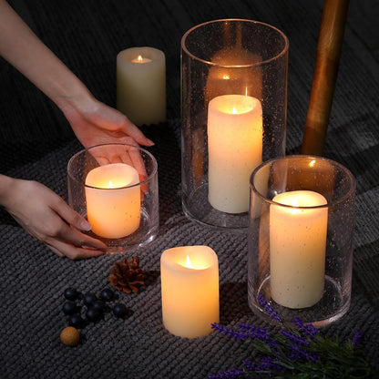 NITIME Hurricane Candle Holder Set of 3 Clear Candle Holders for Pillar Candles, Seeded Bubbles Glass Candle Holder for table centerpiece, Glass Cylinder Vases for Home, Patio and Wedding 8"4.7"3.5"H