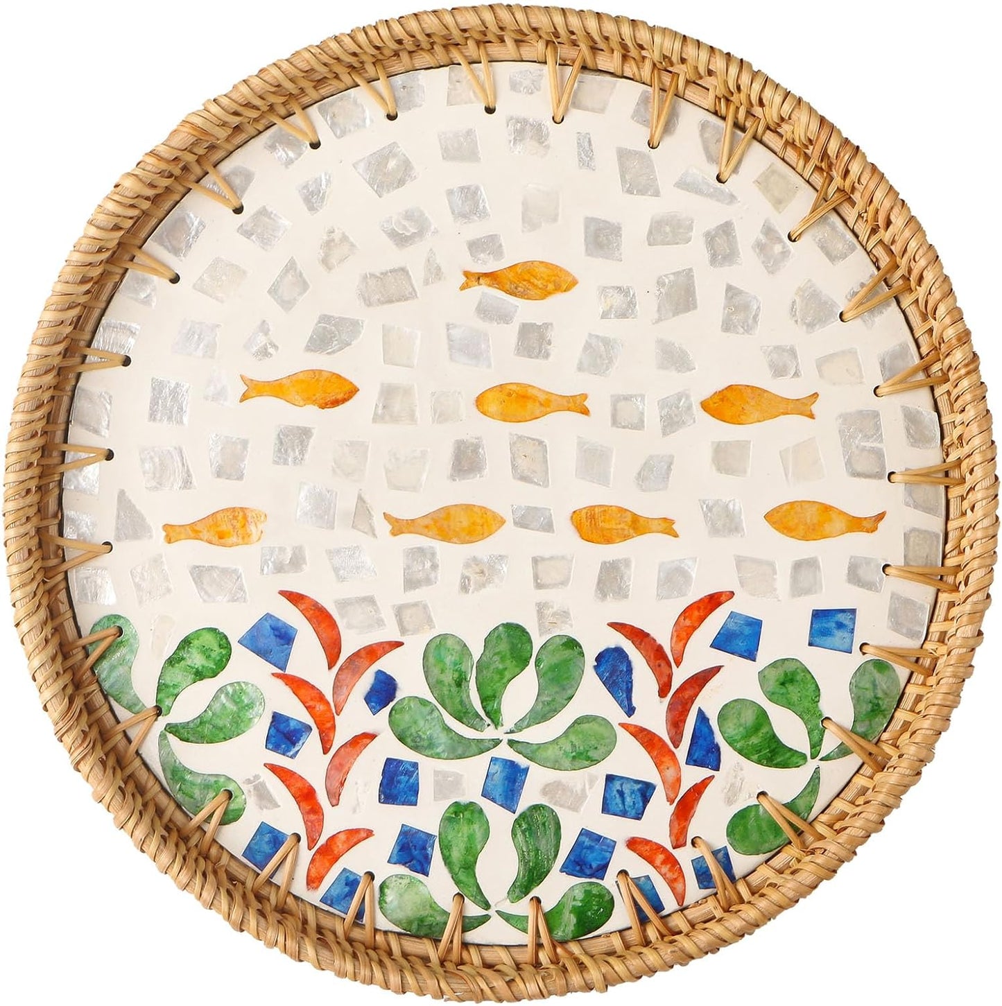 Round Rattan Tray with Mother of Pearl Inlay, Decorative Wicker Serving Tray with Wooden Base, Woven Basket Trays for Bread Fruits Coffee, Leaf