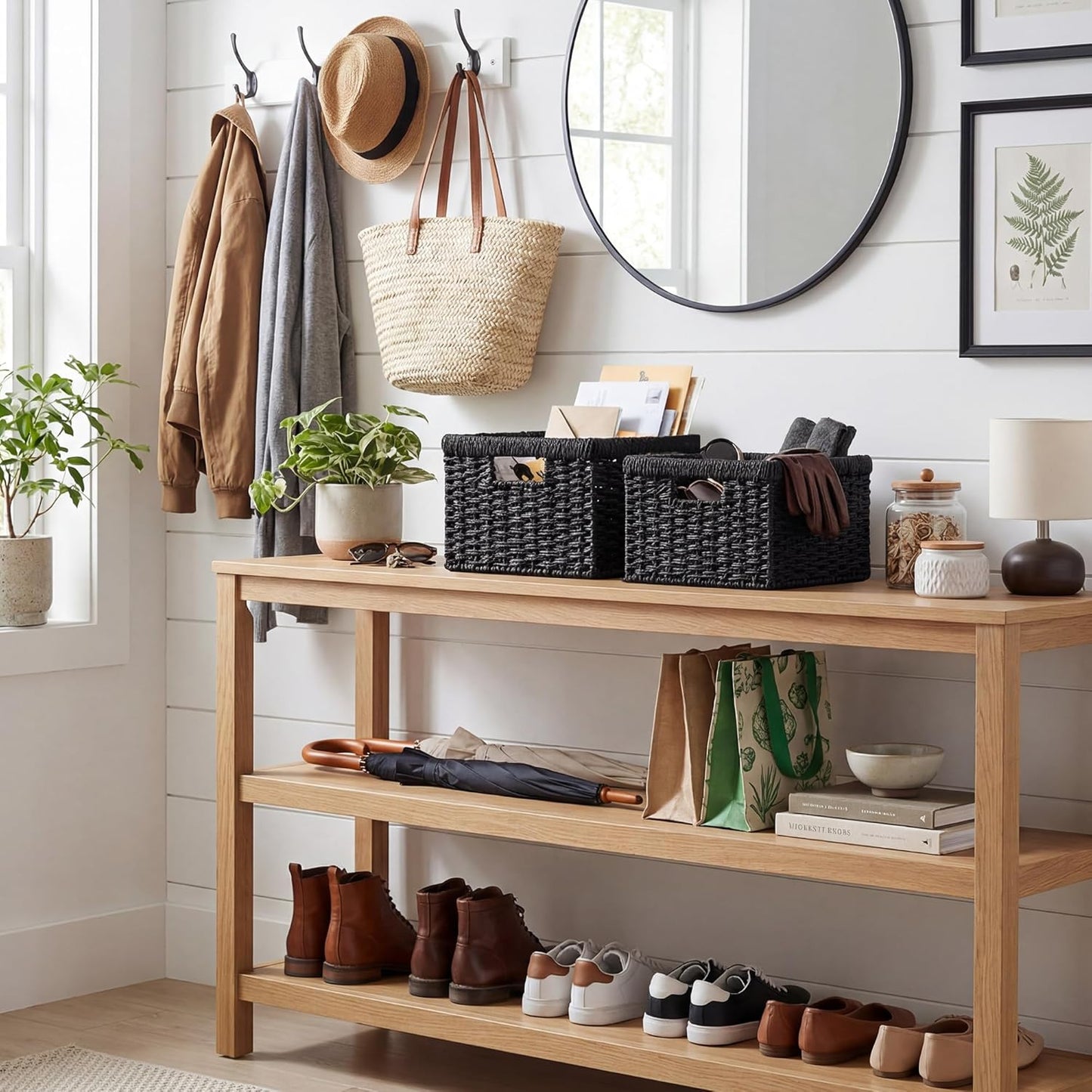 StorageWorks Wicker Basket, Baskets for Organizing, Storage Basket with Built-in Handles, Water Hyacinth Shelves (Medium 2-Pack, Natural Hyacinth)