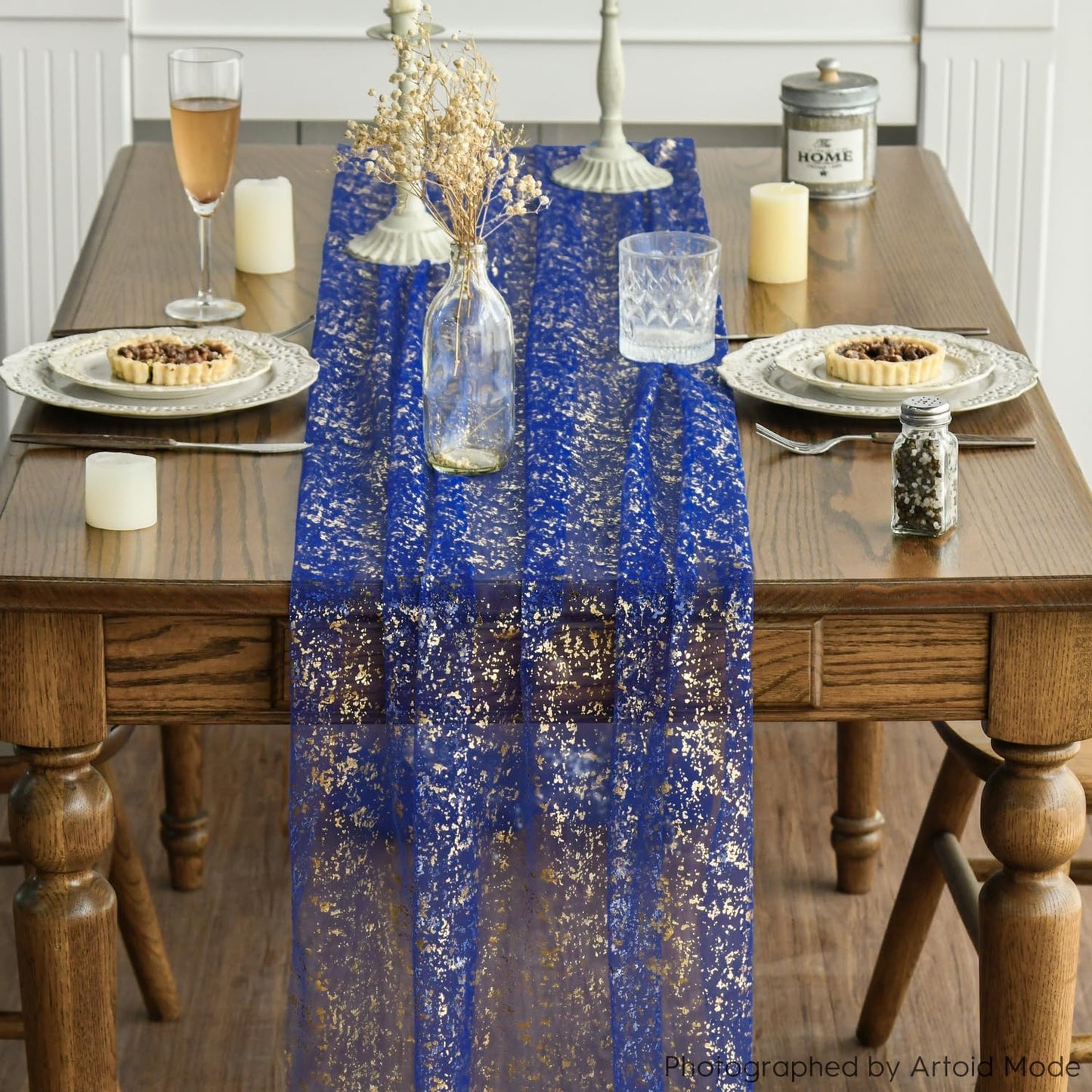 Artoid Mode Beige Gold Gauze Table Runner 120 Inch 10FT, Glitter Metallic Foil Sheer Dining Wedding Anniversary Holiday Birthday Table Decor for Home Party