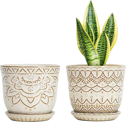 Gepege 6 Inch Beaded Ceramic Planter Set of 2 with Drainage Hole and Saucer for Plants, Indoor-Outdoor Large Round Succulent Orchid Flower Pot (Smoked Gray, Inner-pots not Larger Than 5 Inch)